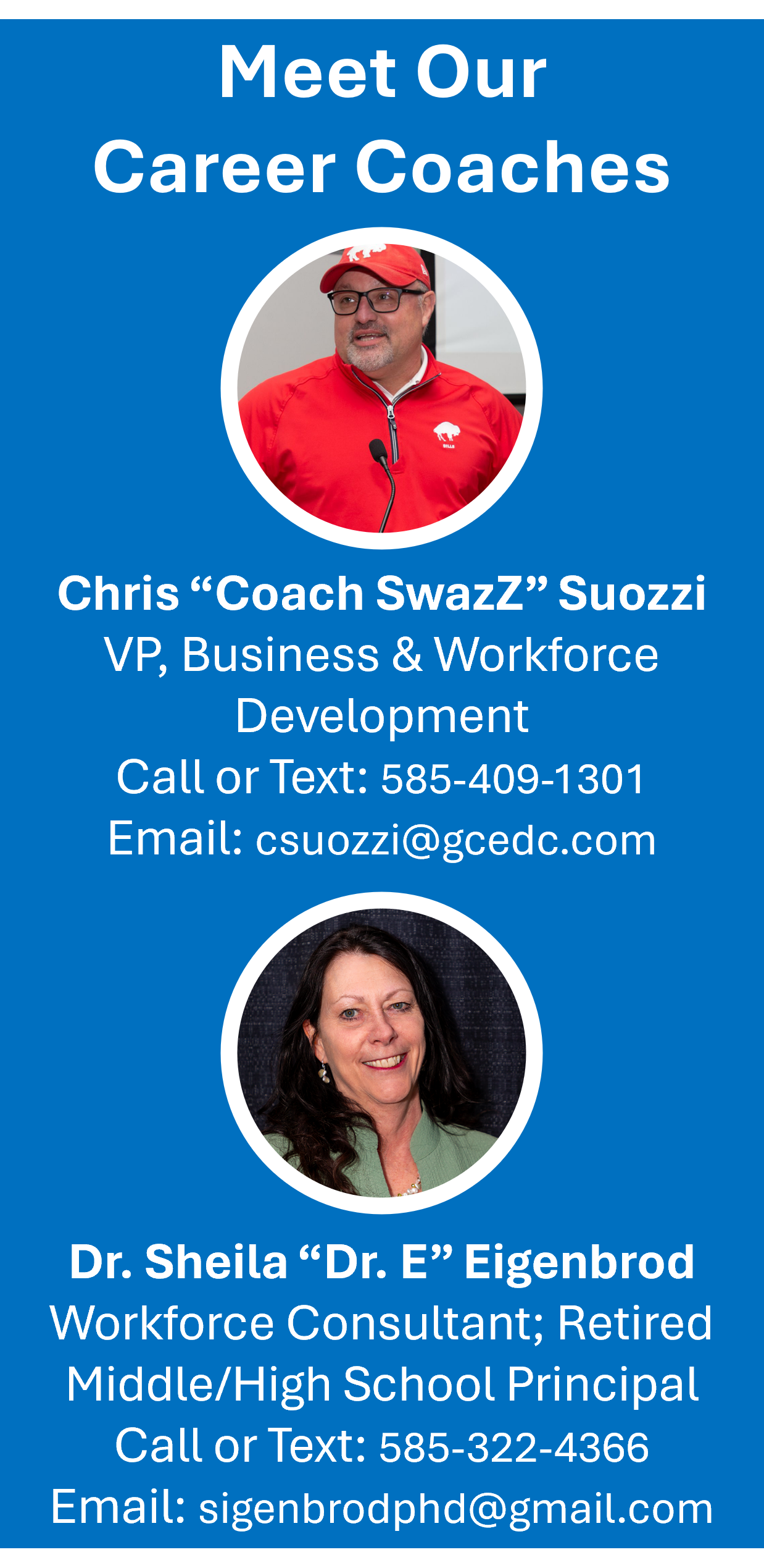 Contact Information for Career Coaches Chris Suozzi and Dr. Sheila Eigenbrod